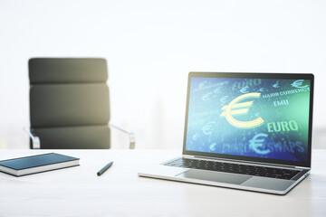 Creative EURO symbols sketch on modern laptop monitor, strategy and forecast concept. 3D Rendering