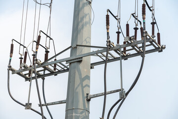 close up view of  electricity transmission tower with details.