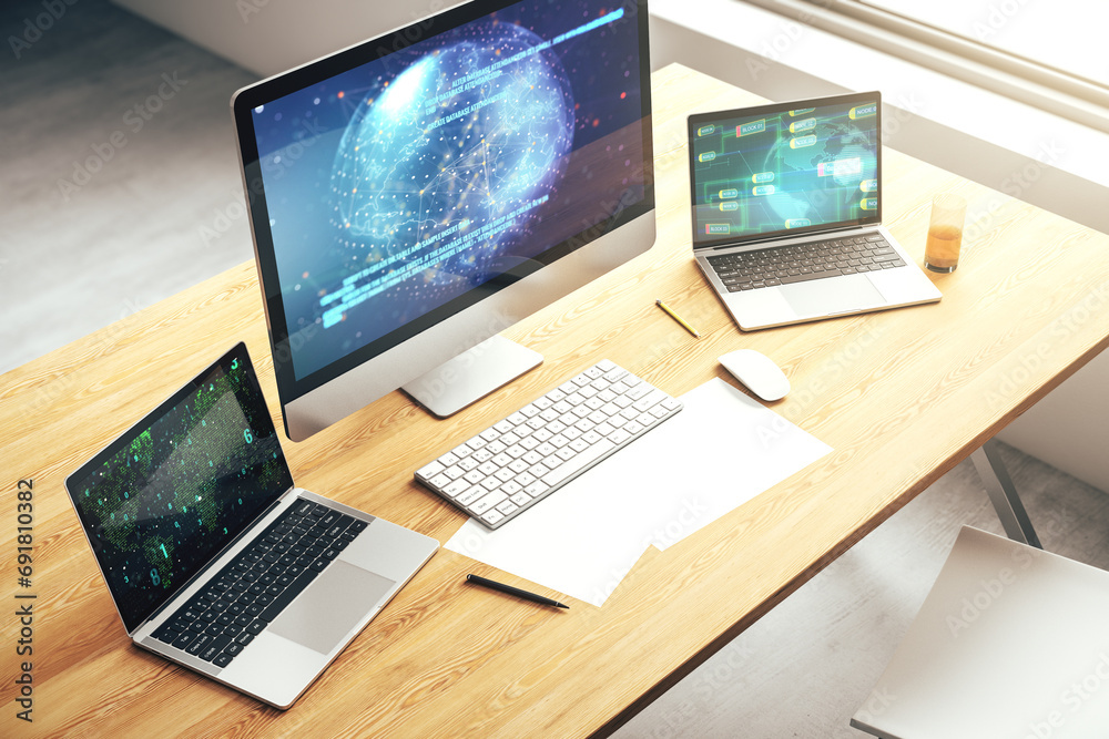 Fototapete computer monitor with abstract creative programming illustration and world map, big data and blockch