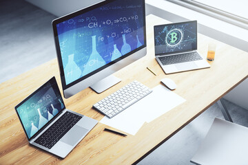 Creative chemistry illustration on modern computer monitor, science and research concept. 3D Rendering