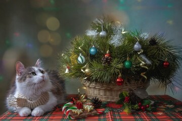 Pretty kitty cat and Christmas tree