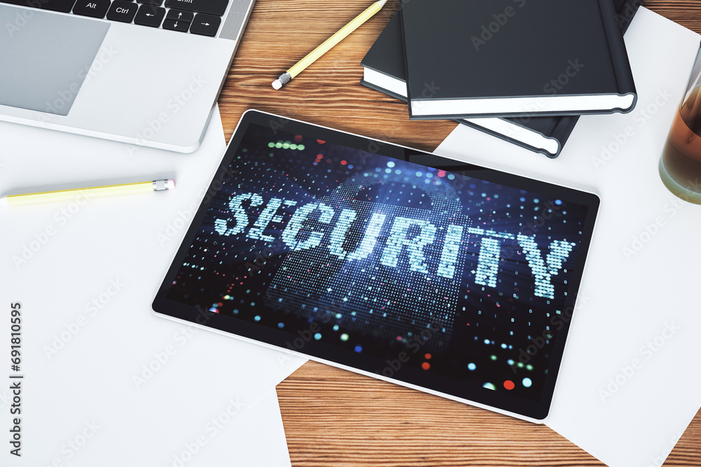 Poster Cyber security creative concept on modern digital tablet monitor. Top view. 3D Rendering