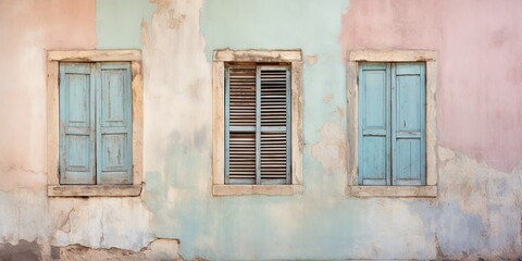 Fototapeta na wymiar Hues of history, wooden shutters tell stories in a patchwork of paint.