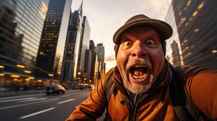 Fototapeta premium A man with his mouth wide open on a city street. Generative AI.