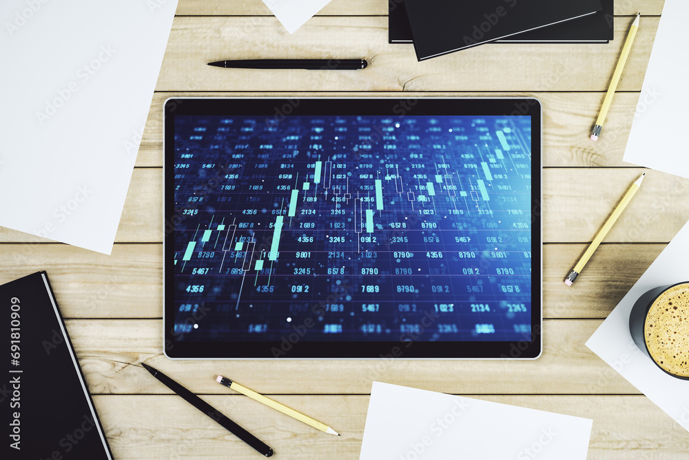 Fototapete Modern digital tablet monitor with abstract creative statistics data hologram, statistics and analytics concept. Top view. 3D Rendering