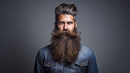 Studio portrait of a caucasian man in his 30s with a long thick beard and mustache. Gray isolated background