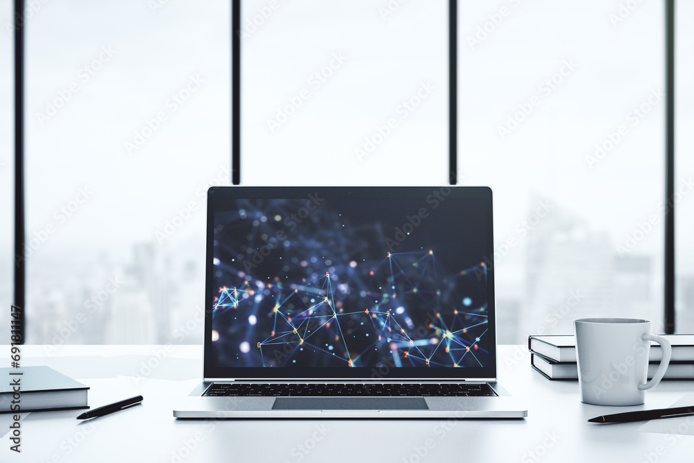 Poster Creative concept of wireless technology on modern laptop screen. Big data and database concept. 3D Rendering
