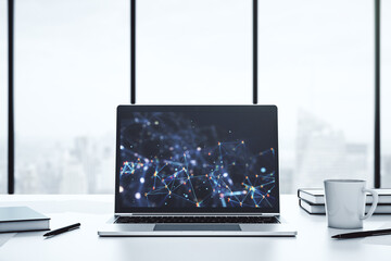 Creative concept of wireless technology on modern laptop screen. Big data and database concept. 3D Rendering