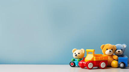 Teddy bear and a truck. Kids toys on isolated background