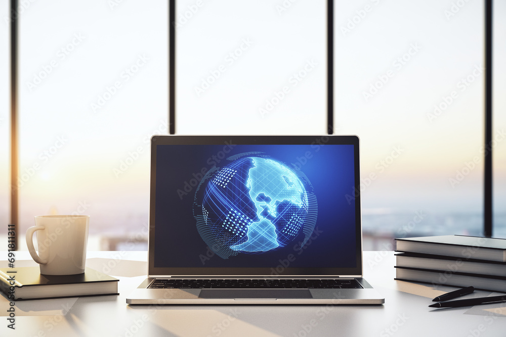 Aufkleber computer monitor with digital america map, global technology concept. 3d rendering