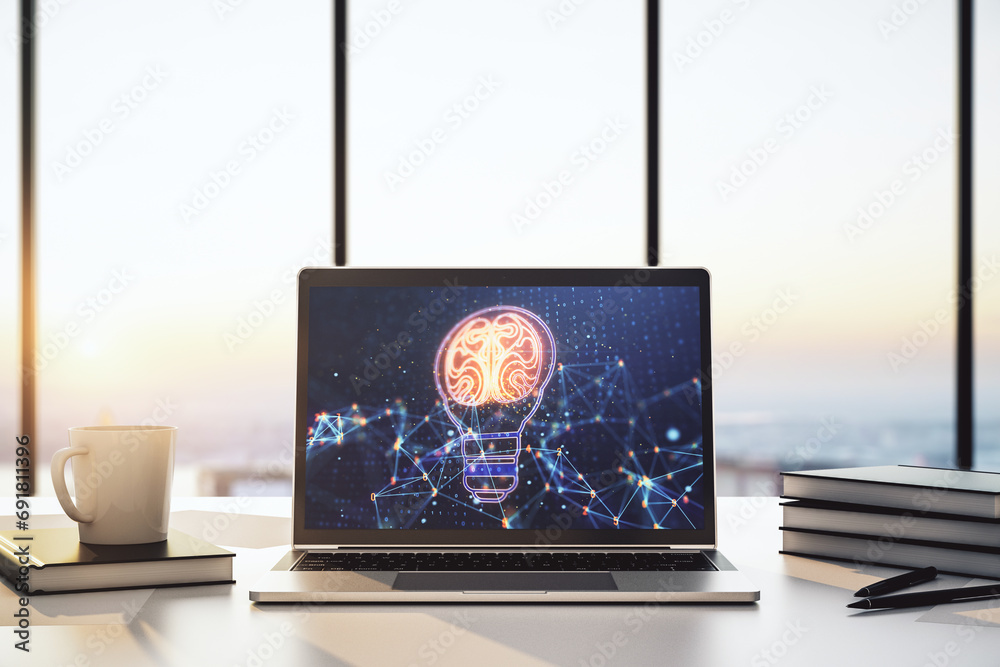 Aufkleber Creative idea concept with light bulb and human brain illustration on modern laptop screen. Neural networks and machine learning concept. 3D Rendering