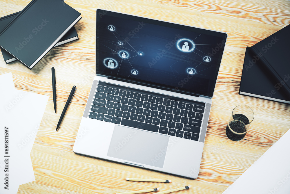 Poster modern computer monitor with social network icons concept. marketing and promotion concept. 3d rende