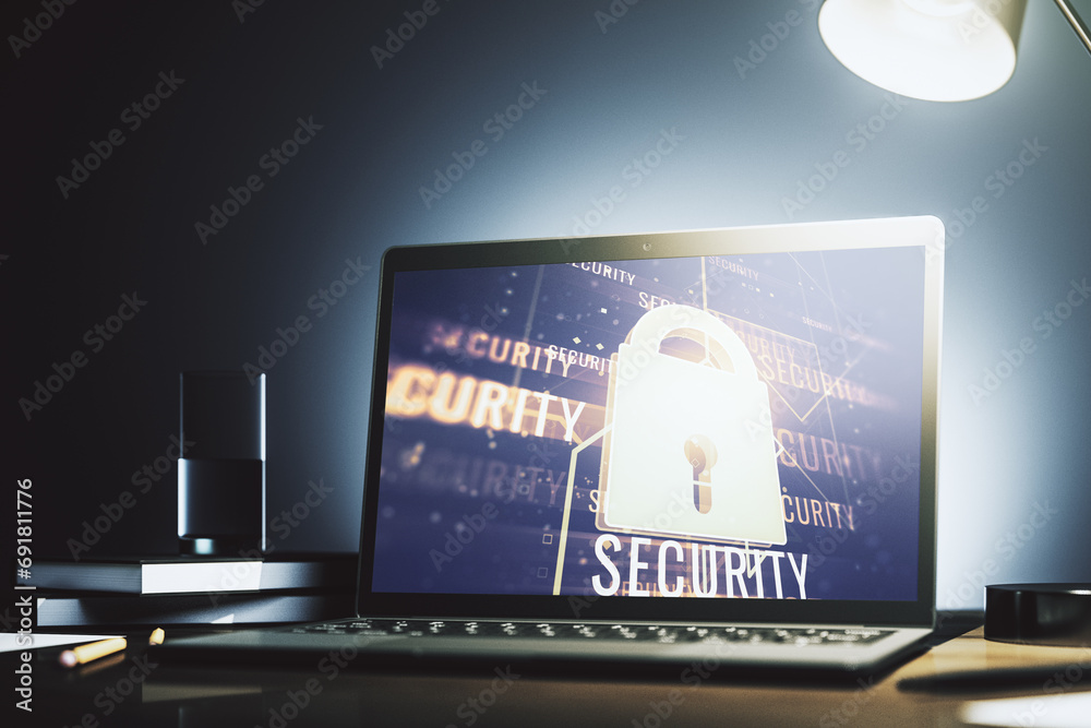 Poster Creative idea concept with lock symbol and microcircuit illustration on modern laptop screen. Protection and firewall concept. 3D Rendering