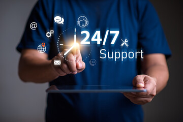 customer services and consulting concept, Businessman holding icon virtual 24/7 support services, Full-time available service.