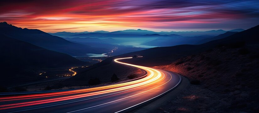 Car crossing in front of camera on mountain road creates light streaks at sunset using slow shutter speed.