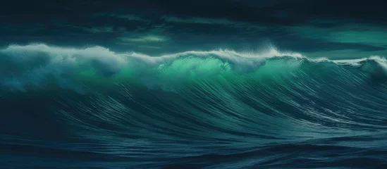 Tuinposter Turquoise green water rolls. High sea waves at night, turquoise green light, blue © Muhammad