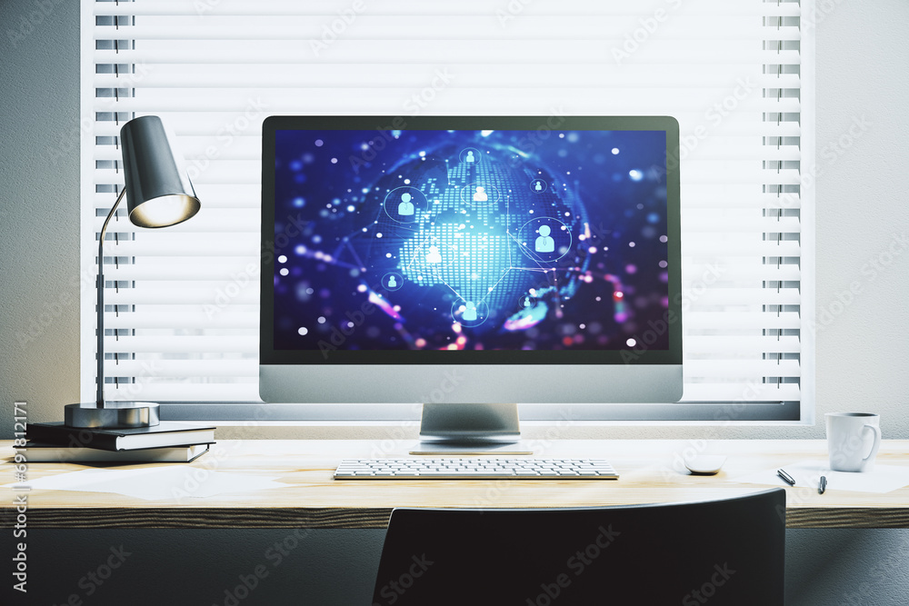 Aufkleber social network concept with world map on modern laptop screen. 3d rendering