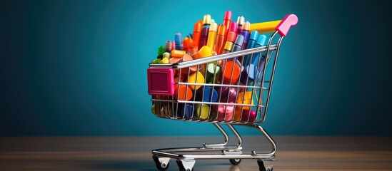 Stationery supplies in a shopping cart for offices and schools.