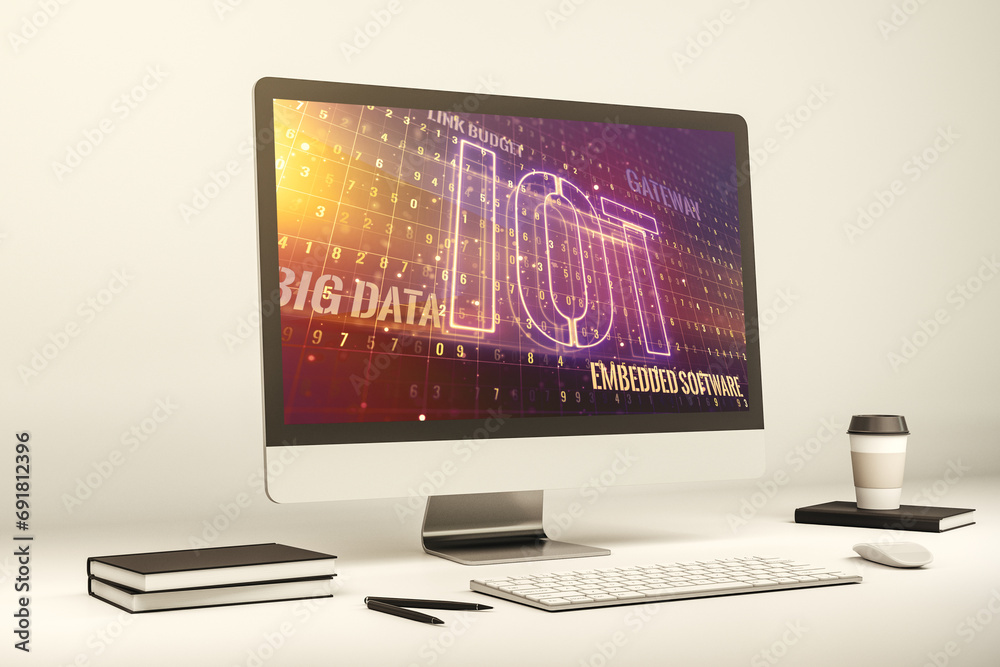 Leinwandbilder modern computer monitor with creative iot hologram, research and development concept. 3d rendering