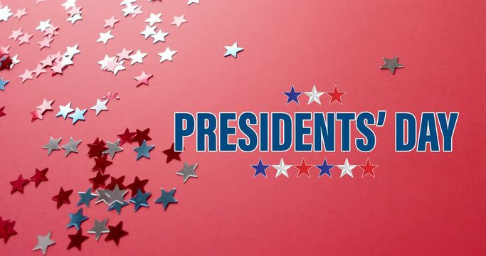 Animation of president's day text over stars of united states of america on red background