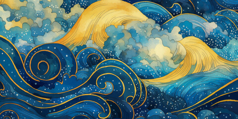 Magical fairytale ocean waves art painting. Unique blue and gold wavy swirls of magic water. Fairytale navy, indigo yellow sea waves. Children’s book waves, kids nursery cartoon illustration by Vita - obrazy, fototapety, plakaty