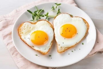 Fried eggs in the shape of a heart on a white plate for Breakfast on Valentine's Day