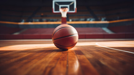 A basketball on a polished wood court with the hoop in the background, ready for play.