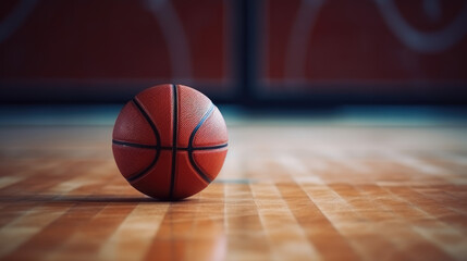 A basketball on a polished wood court, ready for play.