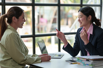 Two confident Asian businesswomen are talking. Exchange ideas, present analysis of marketing and investment plans, taxes, finances, and bonuses of the company.