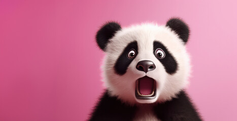 Obraz premium A close-up portrait of a panda with a surprised expression set against a vibrant pink background.