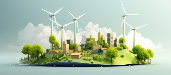 Environmentally friendly power for sustainable surroundings. Factory, machine, and technology industry utilizing wind energy. Decrease Co2 emissions, limit global warming and climate change. - obrazy, fototapety, plakaty