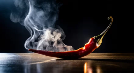 Poster Im Rahmen a red hot chili pepper smokes in front of a black background © Marcus Jacobi