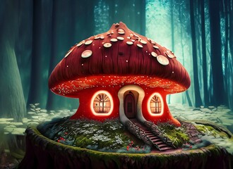 Mushroom house, old house in the middle of the forest, dwarf house in the middle of the forest, simple wooden house, mushroom house, old house, aesthetic house, aurora in the middle of the forest