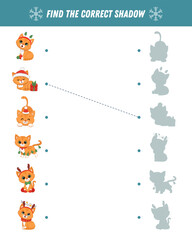 Find correct shadow of cartoon cat. Educational logical game for kids. Funny kitten. Christmas game. Vector illustration