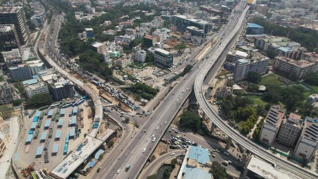 Aerial footage shows heavy traffic on the Central Silk Board junction, a road junction in Bangalore. Located to the Central Silk Board bus station near BTM Layout at the intersection of Hosur Road