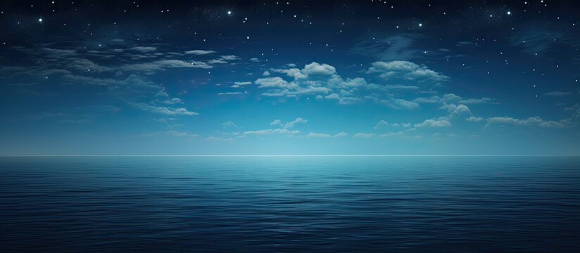 Ocean horizon with starry skies under full moon.