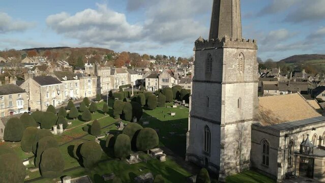 Painswick Town Cotswolds Church Aerial Landscape Autumn UK Historic Yew Trees