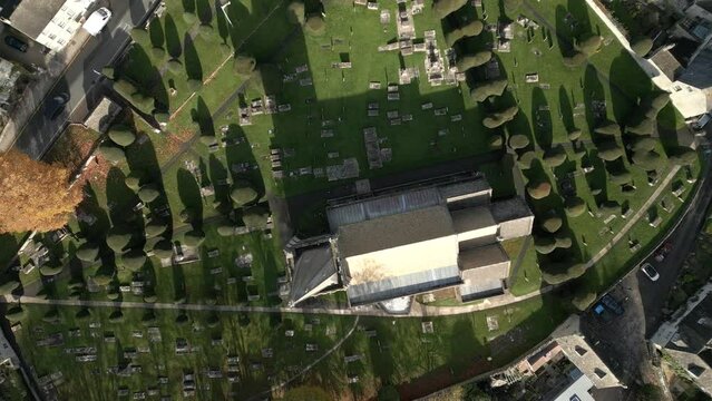 Graveyard Birds-Eye-View Yew Trees UK Cotswold Painswick Aerial Overhead Autumn UK Historic