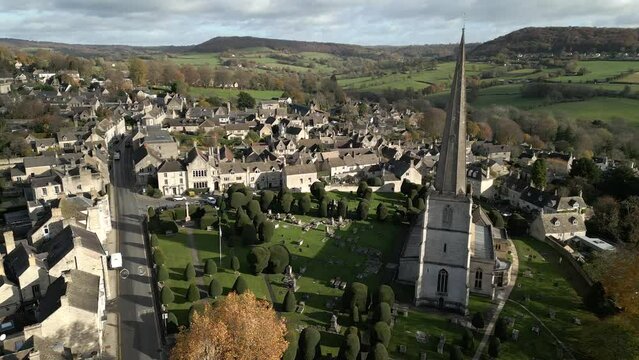 Yew Trees Painswick Church Graveyard Cotswolds Aerial Landscape Autumn UK Historic Gloucestershire