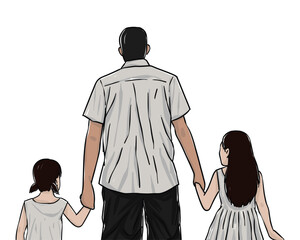 Father is holding hands with his two adorable daughters. Single dad with daughters or family man concept vector eps.