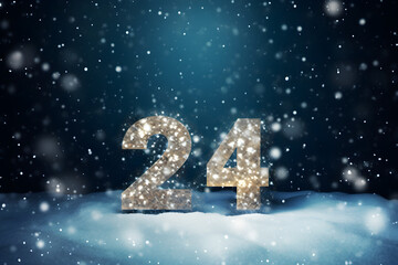 Fototapeta na wymiar 2024 new year numbers made of ice on snow winter bokeh background