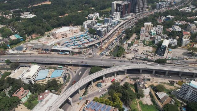 Aerial footage shows heavy traffic on the Central Silk Board junction, a road junction in Bangalore. Located to the Central Silk Board office complex near BTM Layout at the intersection of Hosur Road