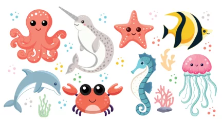 Fotobehang In de zee Cute sea animals, set of illustrations with aquatic inhabitants of the ocean, octopus and narwhal, starfish and yellow fish, dolphin and crab, seahorse and jellyfish