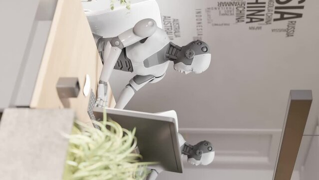 vertical of robot humanoid cyber sitting in office while chatting with customer on website and help care 3d rendering animation of chatbot