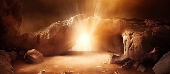 Jesus' empty tomb with light emanating from within. - obrazy, fototapety, plakaty