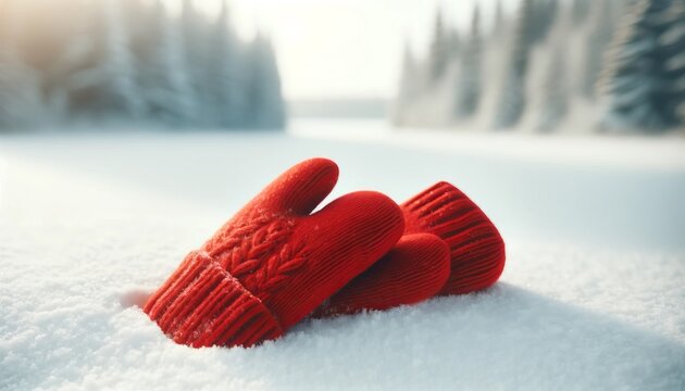 Generative AI image of a single pair of bright red mittens lying on a fresh, untouched snow surface