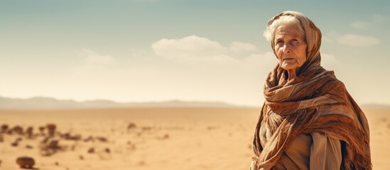 Elderly lady in the desert - obrazy, fototapety, plakaty