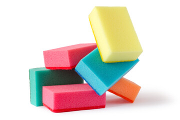 A bunch of colorful foam sponges for washing dishes. Foam sponges on a white background.
