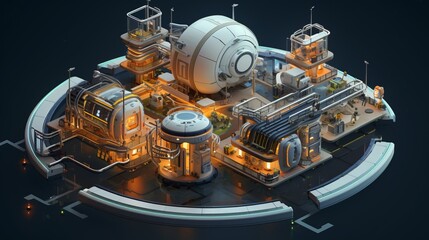 A sustainably built space station in isometric view showcasing smart materials