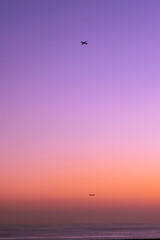 Fototapeta na wymiar 夕暮れの空を飛ぶ飛行機
